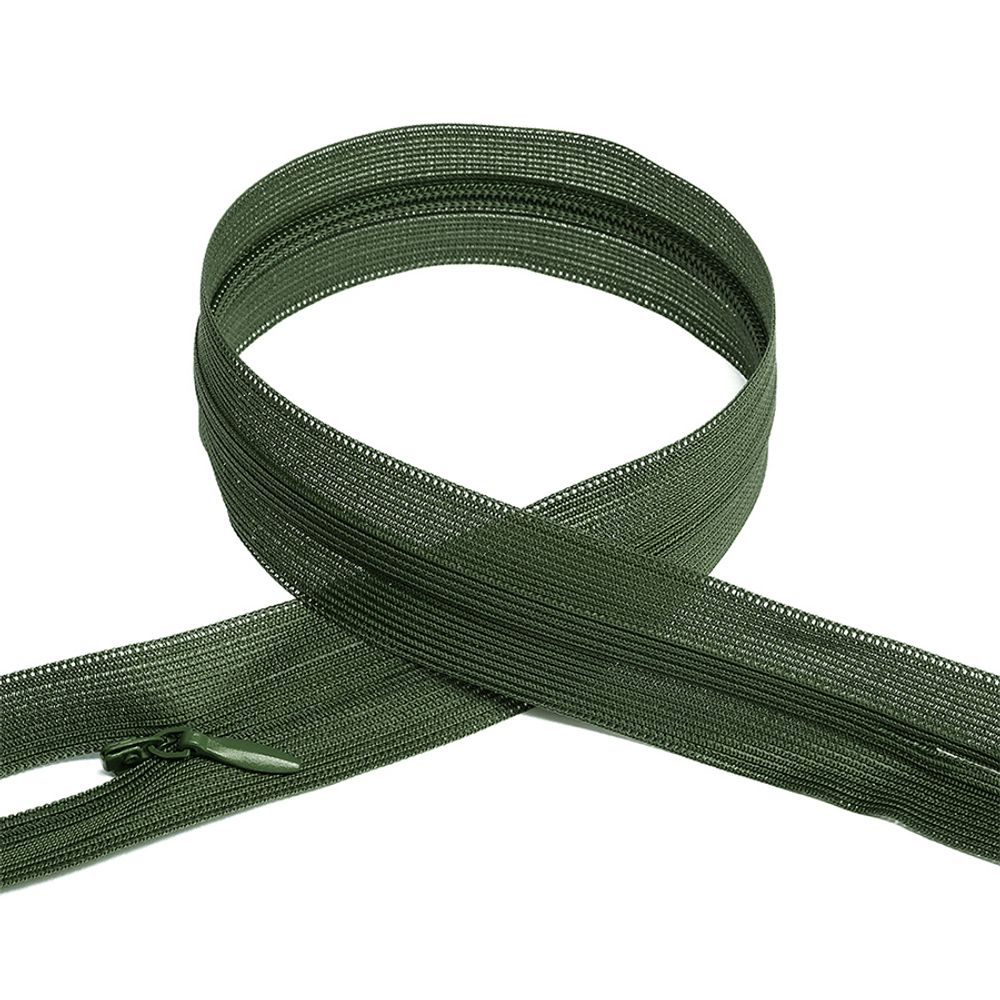 Молния потайная (скрытая) Т3 (3 мм) 1 зам., н/раз., 50 см, цв.F327 оливковый уп.50 шт Молния потайная (скрытая) Т3 (3 мм) 1 зам., н/раз., 50 см, цв.F327 оливковый уп.50 шт