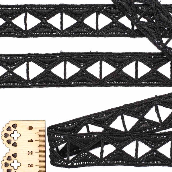 Кружево гипюр (плетёное) 30 мм, матовая нить, черный, 13.72 м, S090697