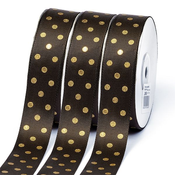 Лента репсовая (в рубчик) в горошек золото, 25 мм, LDRG860, 860 коричневый, уп. 27,4 м