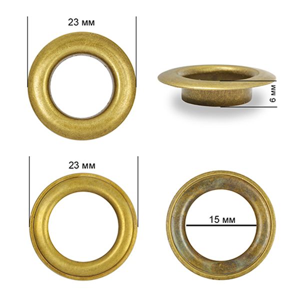 Люверсы металл ⌀15.0 мм (внутр.), внешн. ⌀23 мм (внутр.), h6 мм (внутр.), №28, сталь, цв. антик, 200 шт, TBY