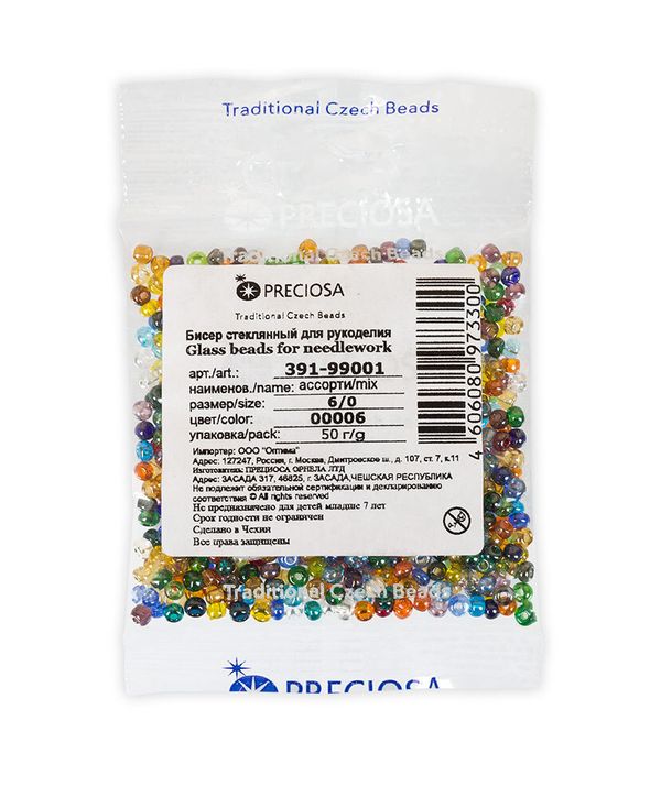 Набор бисера Preciosa ассорти 50 г, 6/0 (4.1 мм), 00006 разноцветный, 391-99001