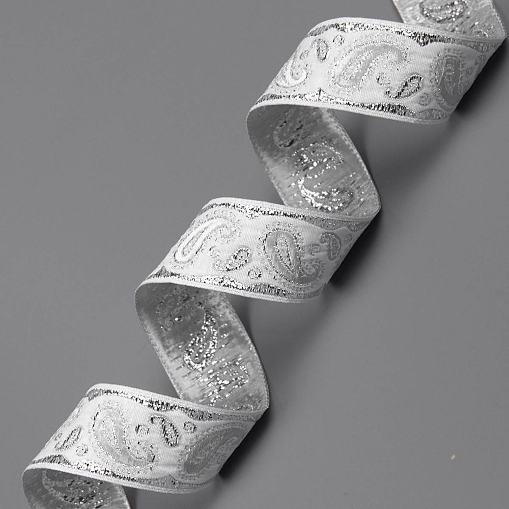 Лента (тесьма) жаккардовая 22.0 мм / 10±0.5 метров, Пейсли, 22807 белый/серебро