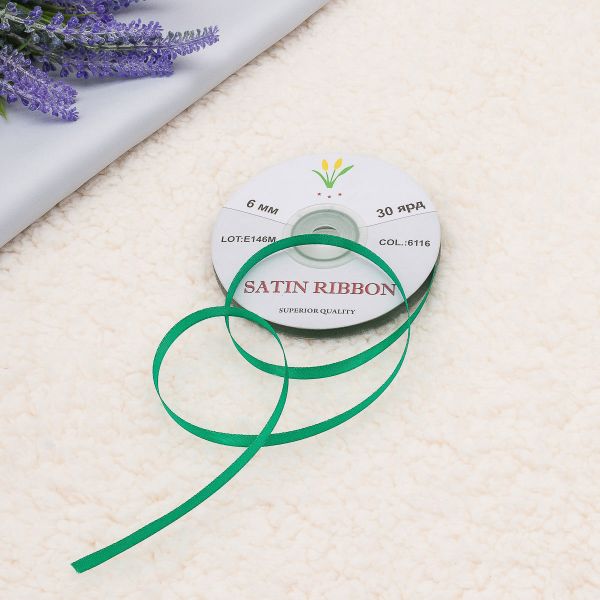 Лента атласная 1-сторонняя 6.0 мм / 27.4±2 метров, 6116, 093 т. изумрудный, Globus