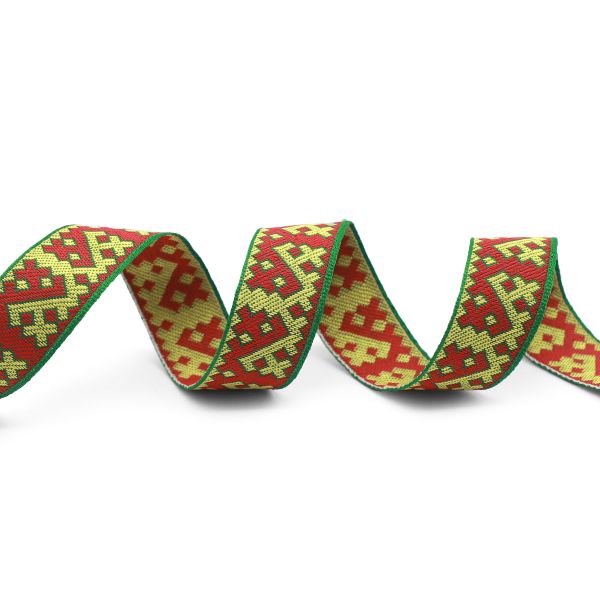 Лента (тесьма) жаккардовая 24.0 мм / 25±1 метров, Орнаменты и узоры народов севера, рис. 9685 (5 зеленый/желтый/красный) С3772Г17