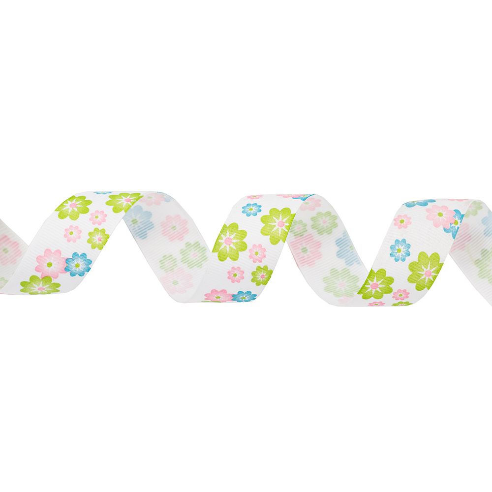 Лента репсовая (в рубчик) Цветочки 2 25.0 мм, 22.86 м (розовый/салатовый)