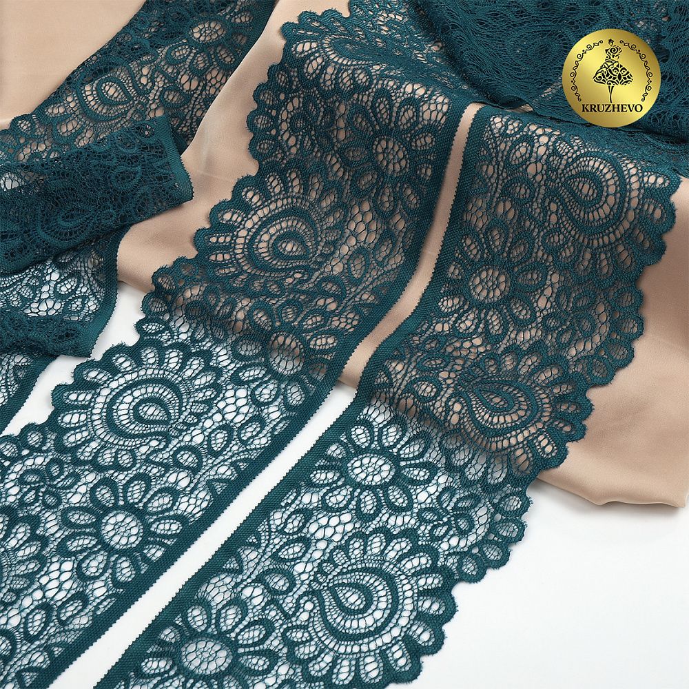 Кружево эластичное (стрейч) 90 мм, цв.222 изумрудно-синий, 25м, Kruzhevo