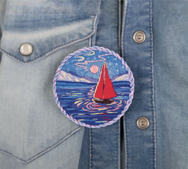 Набор для вышивания нитками Panna, Живая картина, Брошь. Парусник под луной, 5,5х5,5 см