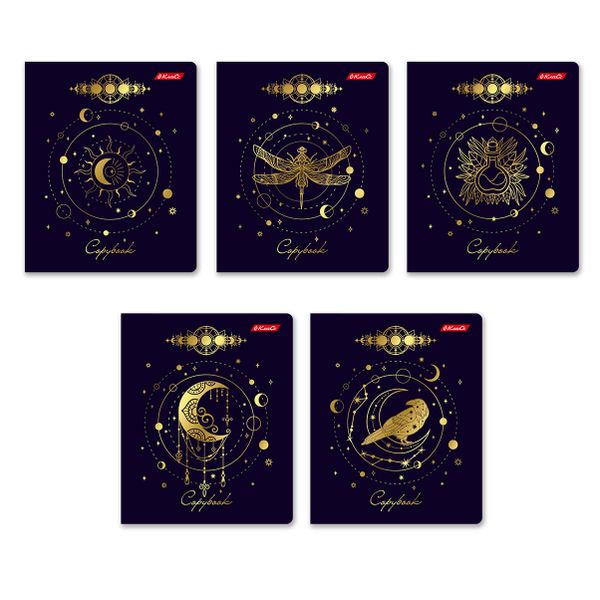 Тетрадь ученическая общая, матовая ламинация + тиснение золотой фольгой, A5+ 96 л. на скобе 60 г/м², белизна 100%, 5 шт, клетка в термоусадочной пленке, 000772 Магическая луна, Светоч 96ТЕТк-008