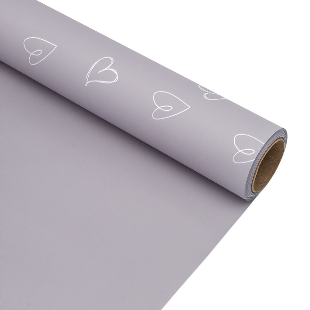 Пленка упаковочная для цветов и подарков Большие сердечки, 65 мкр, 58см / 10м ± 5% (VH2556 пурпурно-серый с сердечками)