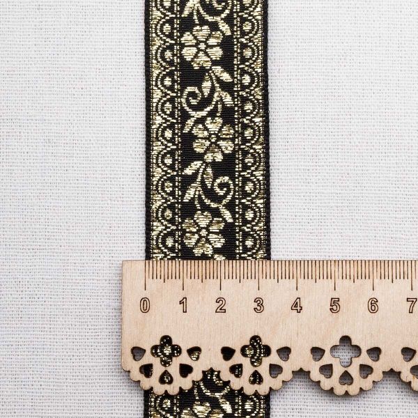 Лента (тесьма) жаккардовая 32.0 мм / 25±1 метров, с метанитом рис. 9842, черный/золото, С3104Г17