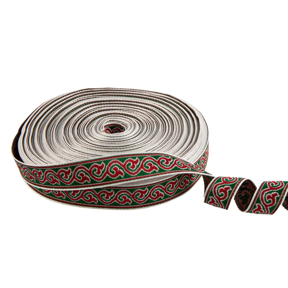 Лента (тесьма) жаккардовая 18.0 мм / 25 метров, Орнамент для северных народов, рис 9594 белый/зеленый/красный (№1), Gamma С3771