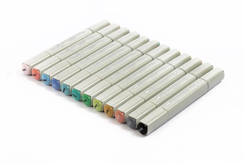 Набор маркеров на спиртовой основе 0.7 - 7 мм, 12 цв. перо круглое/скошенное, 11 -Фантазия, Vista-Artista SMA-12