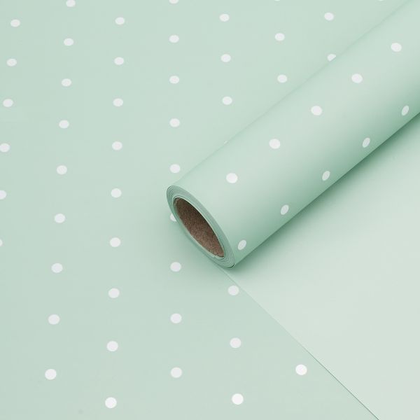 Пленка упаковочная для цветов и подарков Точки, 65 мкр, 58см / 10м ± 5% (VH2551 пастельно-зеленый с белыми точками)
