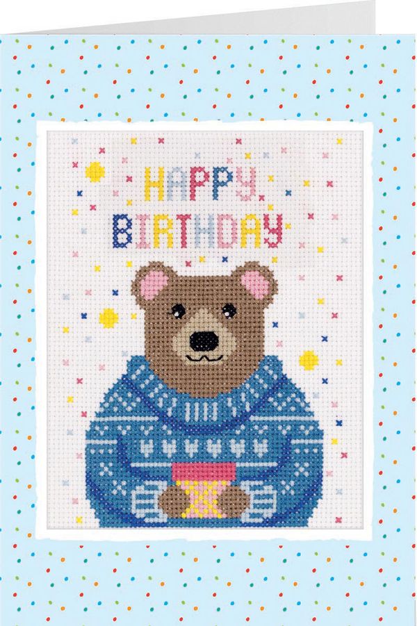 Набор для вышивания нитками Panna, открытка Мишка с подарком, 11.5х15 см