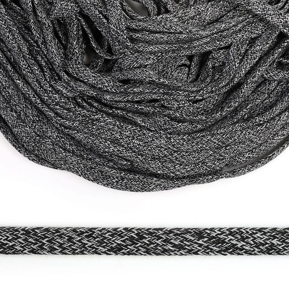 Шнур плоский плетеный х/б 12.0 мм / 50 метров, классическое плетение TW цв.меланж 2 (032 черный, 028 св.серый), 50м