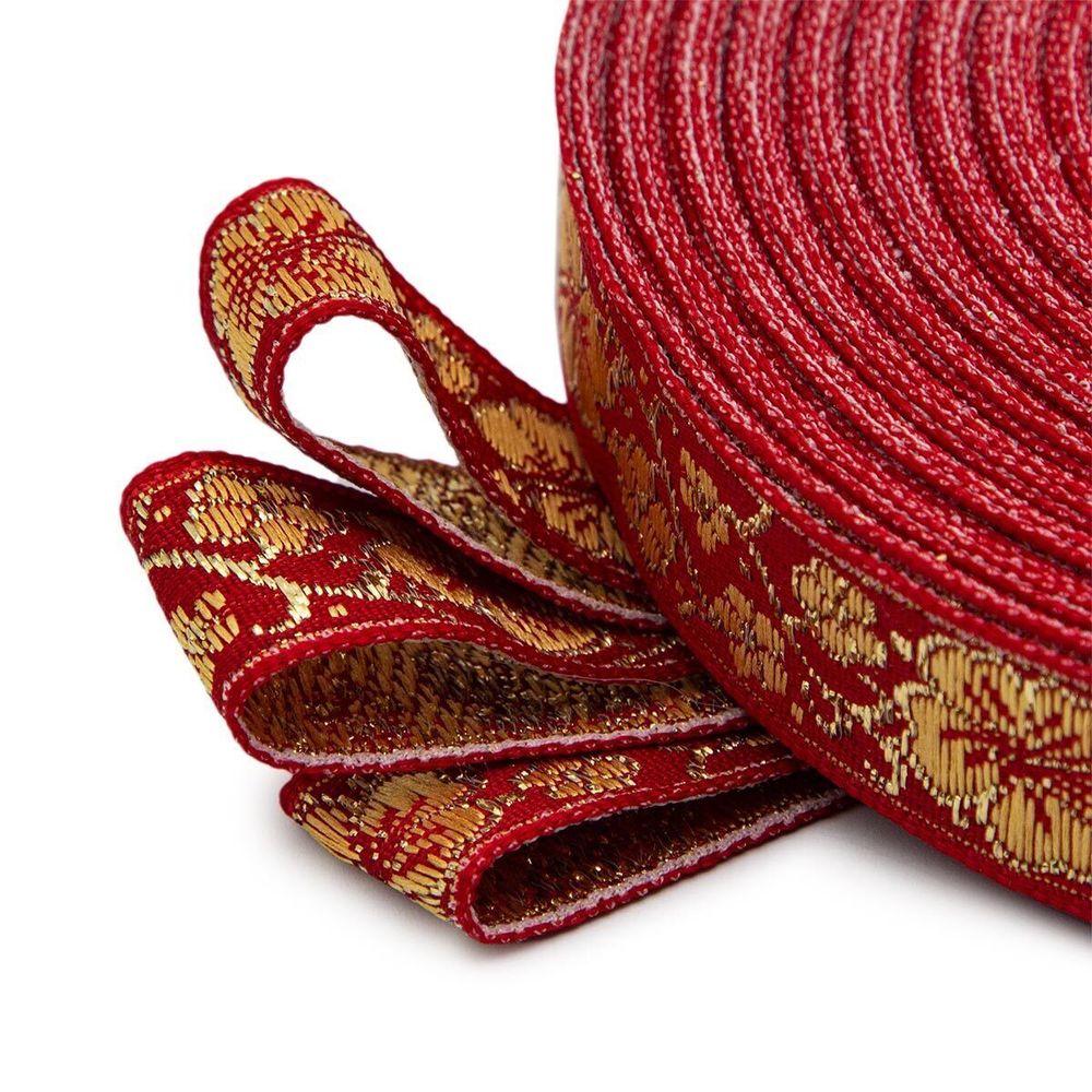 Лента (тесьма) жаккардовая 18.0 мм / 25±1 метров, с метанитом рис. 9579 Яблоневый цвет (1 красный/желтый/золото) С1856Г17