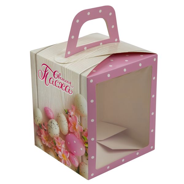 Коробка под кулич с окном 15х15х18 см, №1 Пасха розовая, S-Chief CBC-010