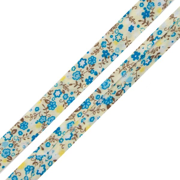 Косая бейка хлопковая с п/э Полевые цветы 15 мм / 65.8 метров, FBF105 молочный