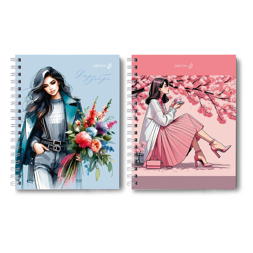 Тетрадь общая с твердой обложкой, матовая ламинация A5 80 л. на гребне 65 г/м², белизна 100% 4 шт клетка, 01568 Весенняя романтика, Светоч Т214