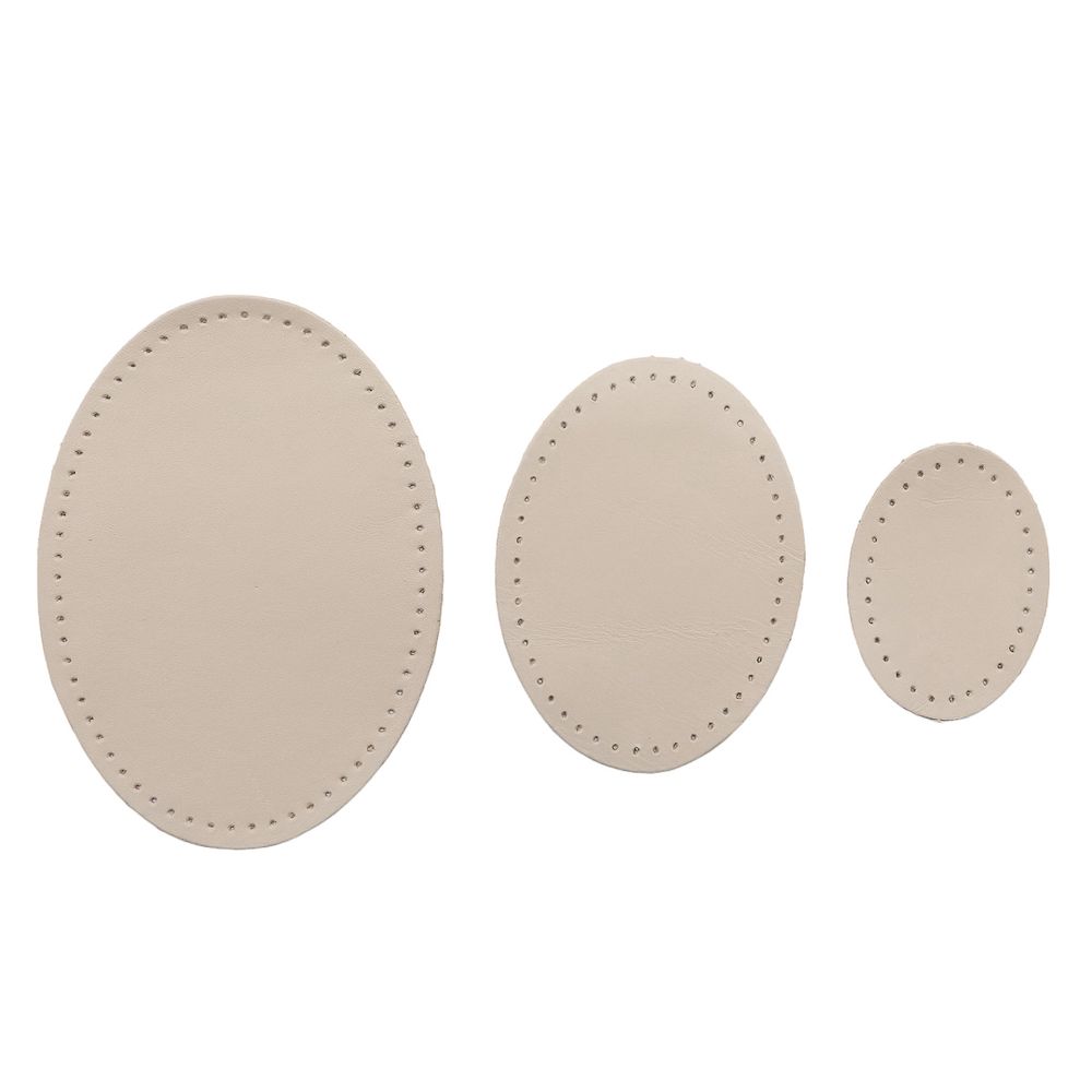 Набор заплаток пришивных из кожи, овал 4х5,5см, 6х8,2см, 8х10,9см, с перфорацией, 3 шт (06 бежевый), 9404