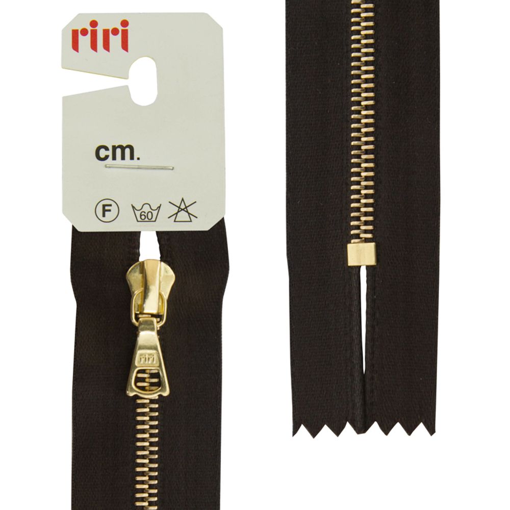 Молния металл RIRI Т4 (4 мм) Gold, н/раз., атлас. тесьма, 16 см, цв. тесьмы 2226, темный шоколад, упак. 5 шт /TOS/