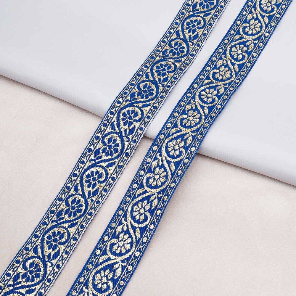 Лента (тесьма) жаккардовая 32.0 мм / 25±1 метров, с метанитом рис. 9819, синий/золото, С3104Г17