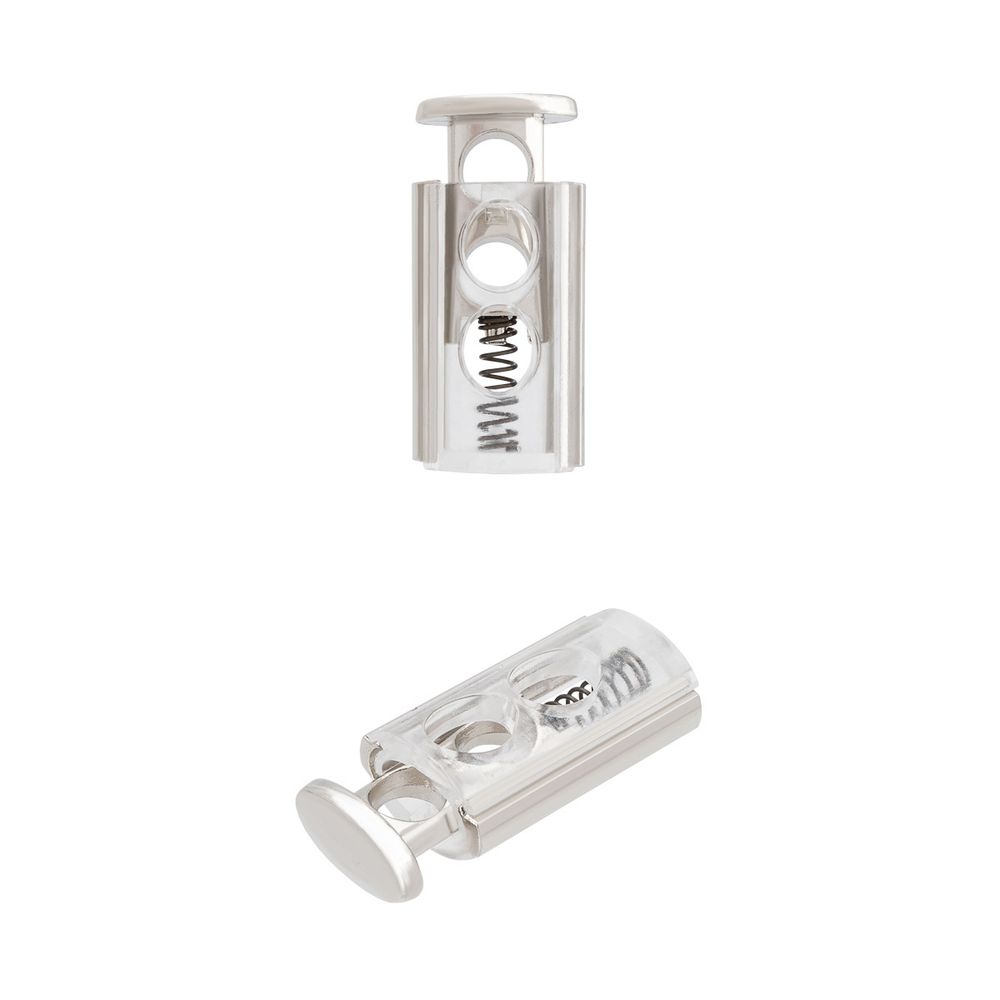 Фиксатор (зажим) для шнура металл 2 отв., ⌀4.0 мм (12х27 мм), прозрачная вставка пластик, никель, ГУБ13527, 10 шт