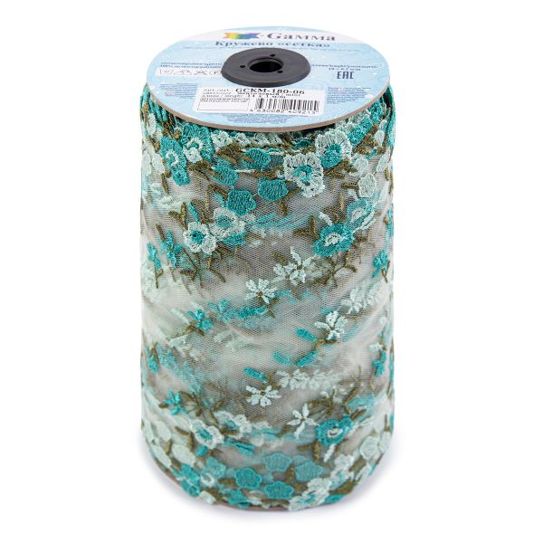 Кружево на сетке широкое 180 мм / 14 м, ±1 Турция, ментоловый, Gamma GCKM-180-06