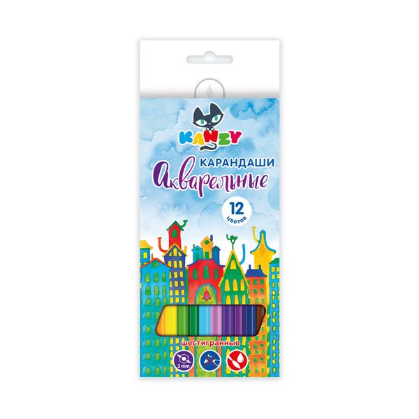 Карандаш акварельный в наборе заточенный 8х12 цв, Kanzy WCP-1012