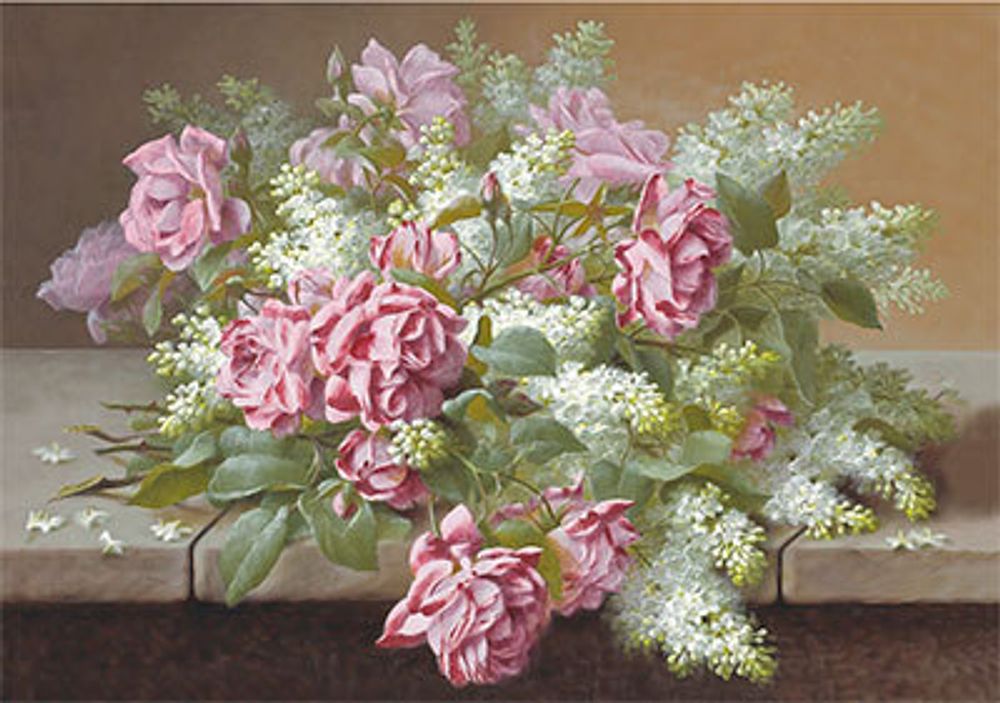 Рисунок для вышивания лентами Gamma (канва), 30х39 см, Розовые розы и сирень