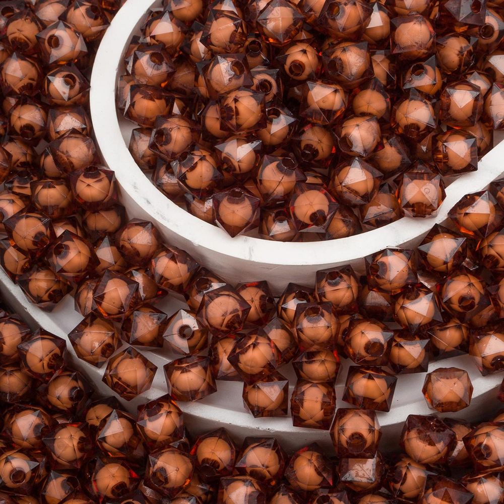 Бусины акрил ⌀10 мм, 500 г, в цвете с белой сердцевиной, граненый куб, 52 коричневый, Astra&Craft