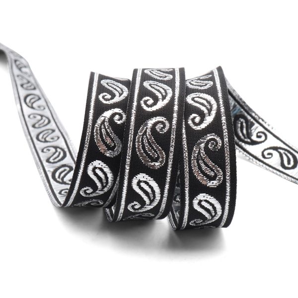 Тесьма декоративная металлизированная Пейсли 15 мм / 25 метров, 15006 черный/серебро