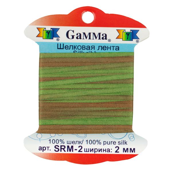 Лента (тесьма) шелковая 2.0 мм / 9.1±0.5 метров, M133 св.зеленый/коричневый, Gamma SRM-2
