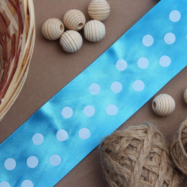 Лента атласная в горошек 45.0 мм / 3 метра, голубой, Globus