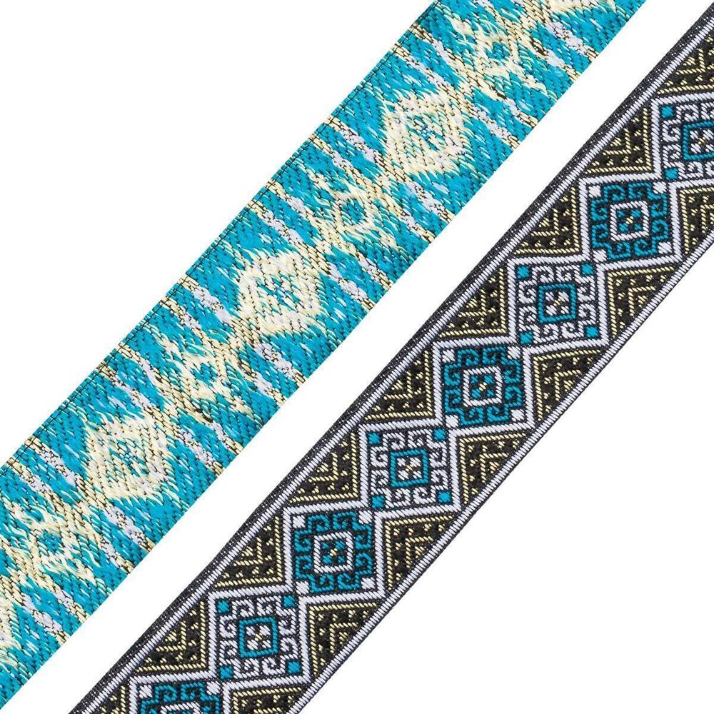 Лента (тесьма) жаккардовая 35.0 мм / 7 метров, золото/бирюза, 4101-1