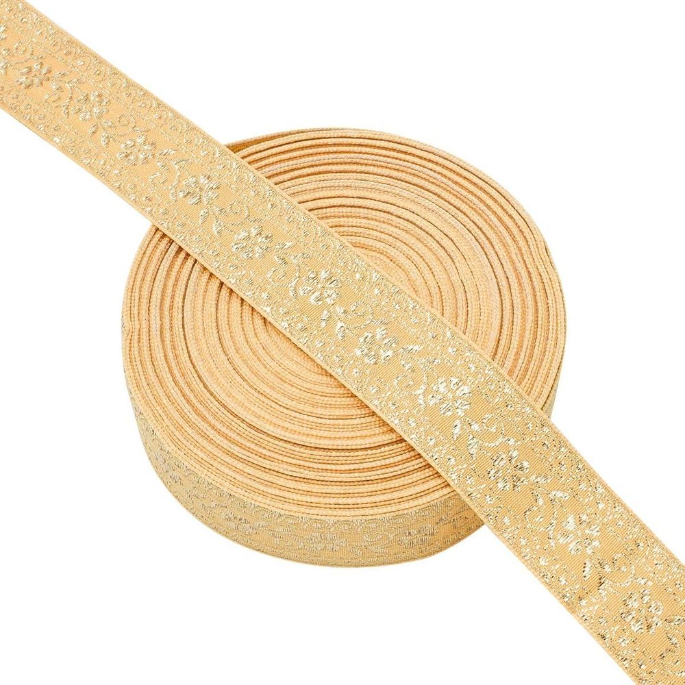 Лента (тесьма) жаккардовая 32.0 мм / 25±1 метров, с метанитом рис. 9842, желтый/золото, С3104Г17