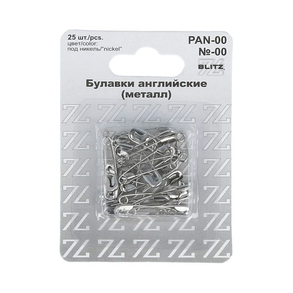 Булавки английские 22 мм, №00, 25 шт, железо, никель, Blitz PAN-00