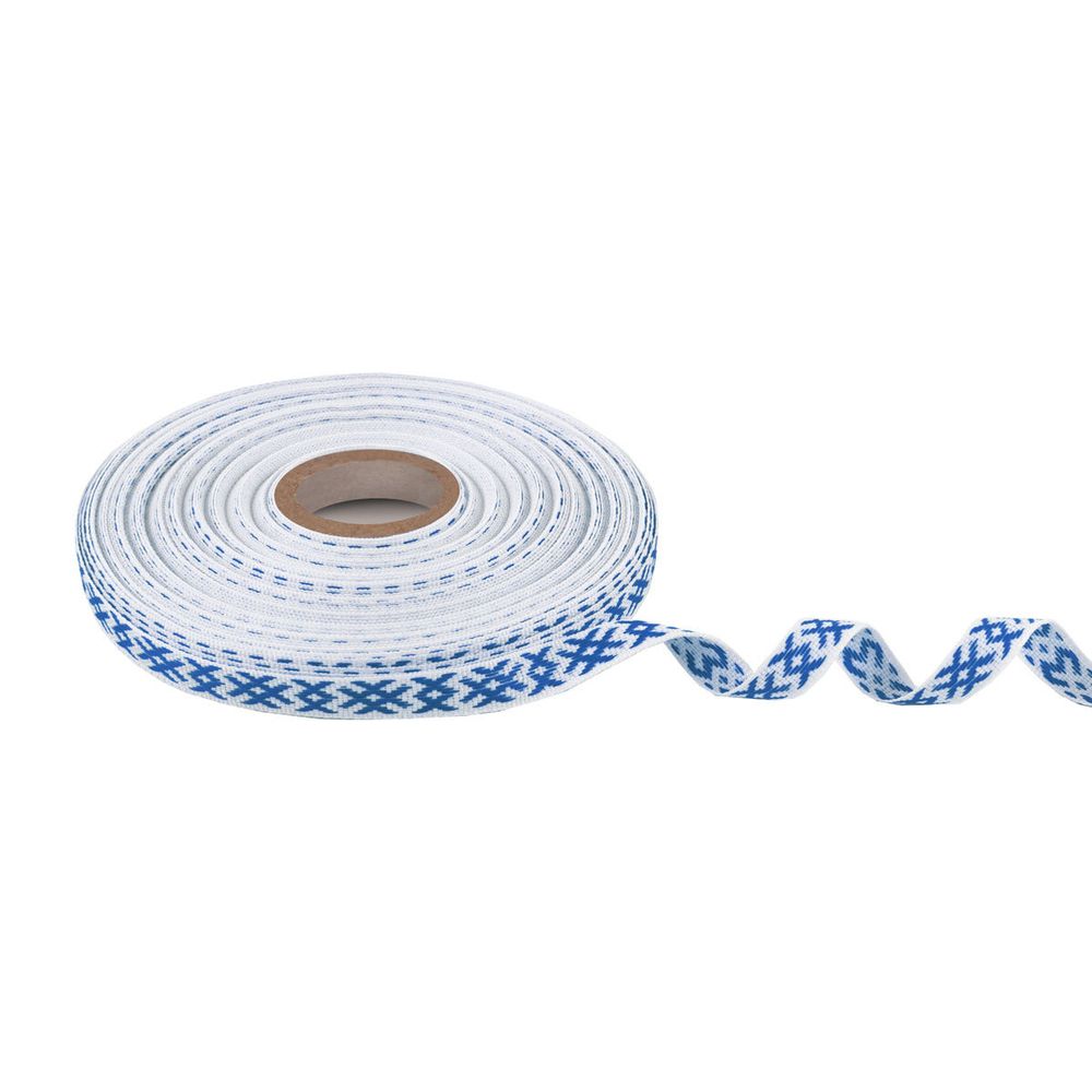 Лента (тесьма) жаккардовая 10.0 мм / 25±1 метров, Орнамент для северных народов, рис 9727 бел/синий, Gamma C3853 (C3752)