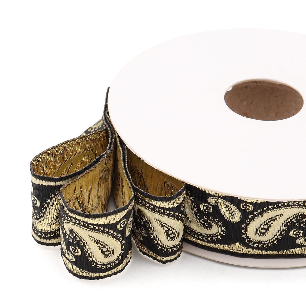 Лента (тесьма) жаккардовая 22.0 мм / 10±0.5 метров, Пейсли, 22807 черный/золото