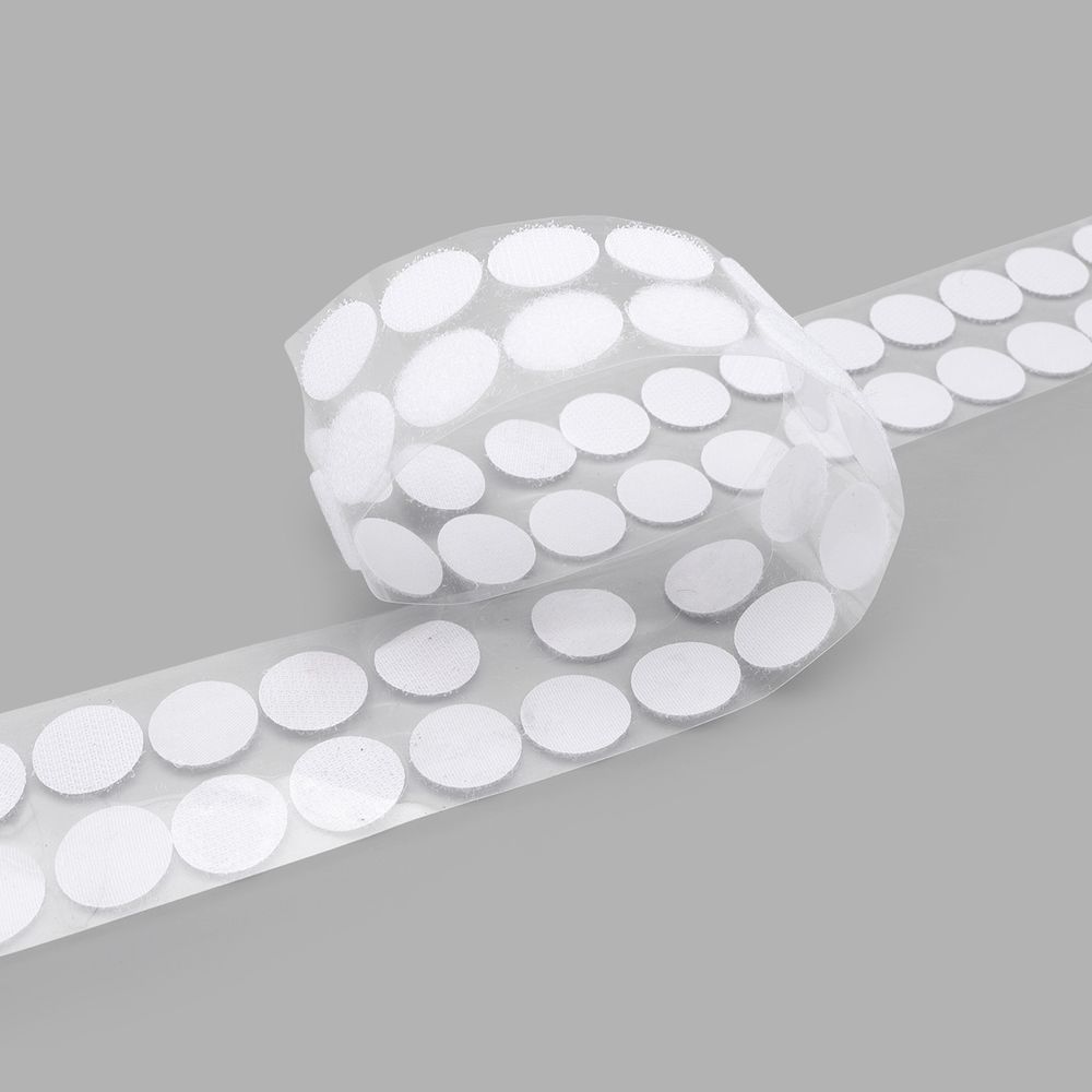 Лента контактная липучка (велкро) клеевая круг ⌀20 мм ПАРА (крючок+петля), 22 г/м, белый, уп.1100 пар, 6131-2061