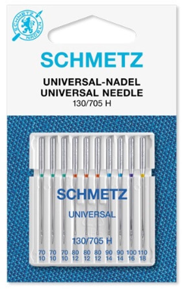 Иглы для швейных машин базовые универсальные 130/705 H, №70(3), №80(3), №90(2), №100, №110, (5 упак по 10 игл), 22:15 2 XOS, SCHMETZ