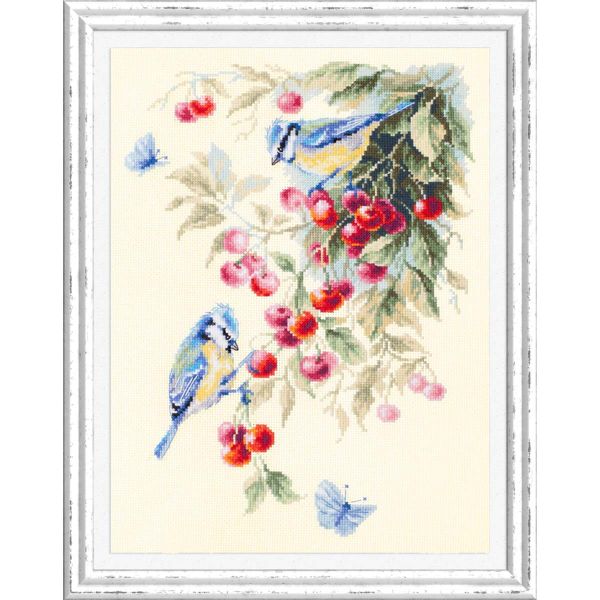 Набор для вышивания нитками Чудесная игла, Синицы и вишня 25х35см