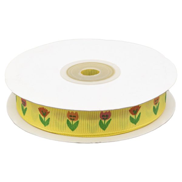 Лента репсовая (в рубчик) Тюльпаны, 15 мм, 22,5м (желтый)