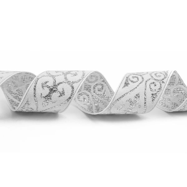 Лента (тесьма) жаккардовая 32.0 мм / 25±1 метров, рис.9793, белый/серебро, Gamma С3104Г17 рис.9793