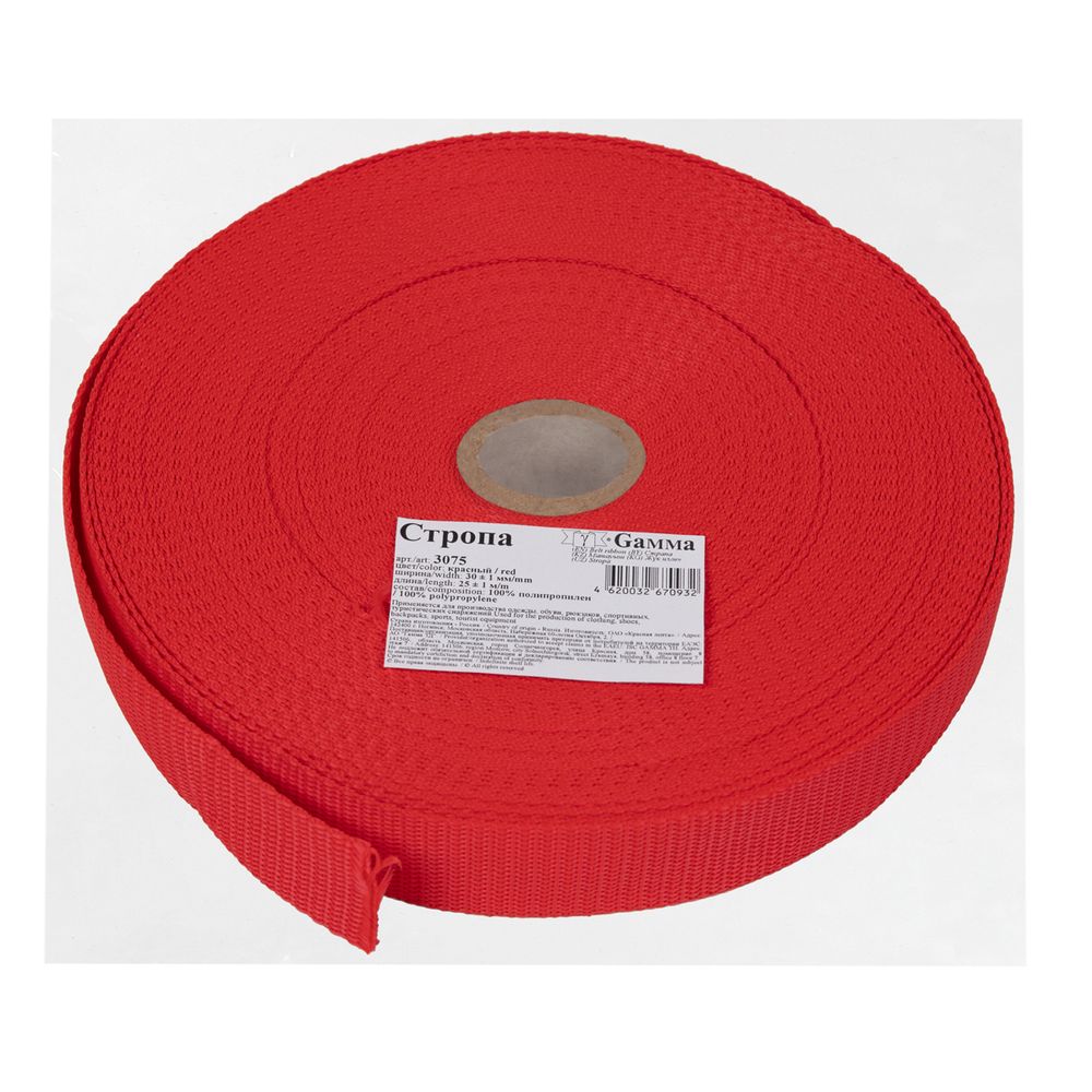 Стропа (ременная лента) 30 мм / 25 метров, толщ. 0.94 мм, [17.1 г/пог.м], 100% п/п, красный, Gamma 3075
