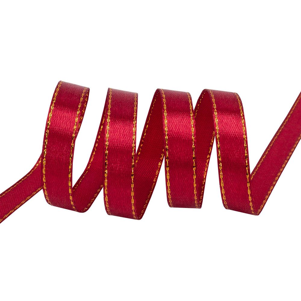 Лента атласная 1-сторонняя 10.0 мм / 20 метров, с золотым краем, т.красный