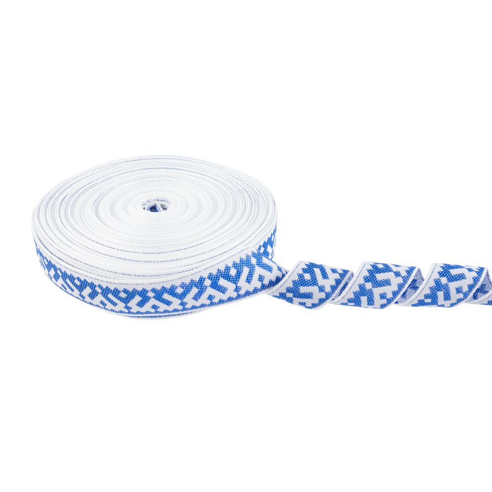 Лента (тесьма) жаккардовая 24.0 мм / 25 метров, Орнамент для северных народов, рис 9674 белый/синий, Gamma С3772