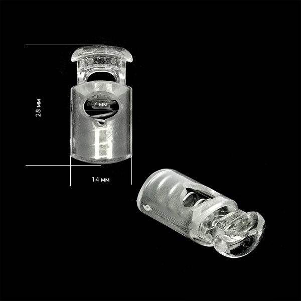 Фиксатор (зажим) для шнура пластик 1 отв., ⌀7.0 мм, 28х14 мм, 8986, цилиндр, прозрачный уп.500 шт