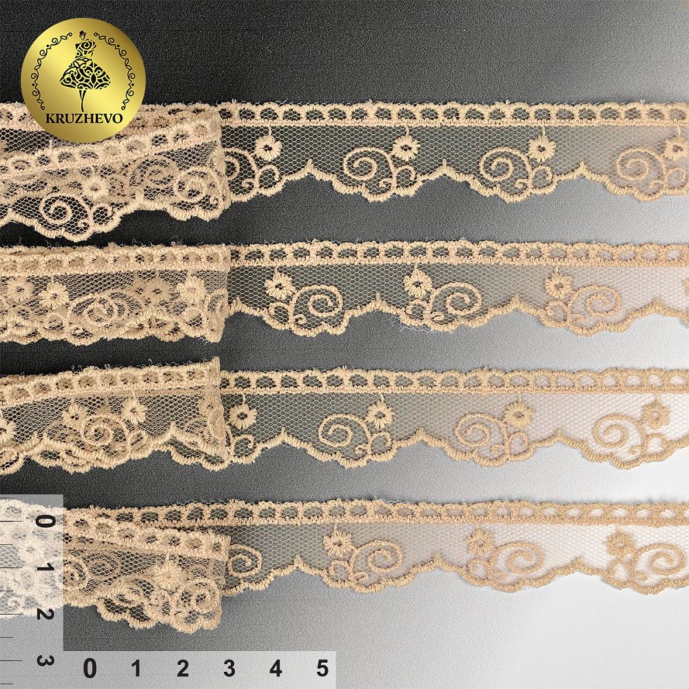 Кружево на сетке 20 мм, диз. 187, цв.202 св.бежевый уп. 14 м, Kruzhevo