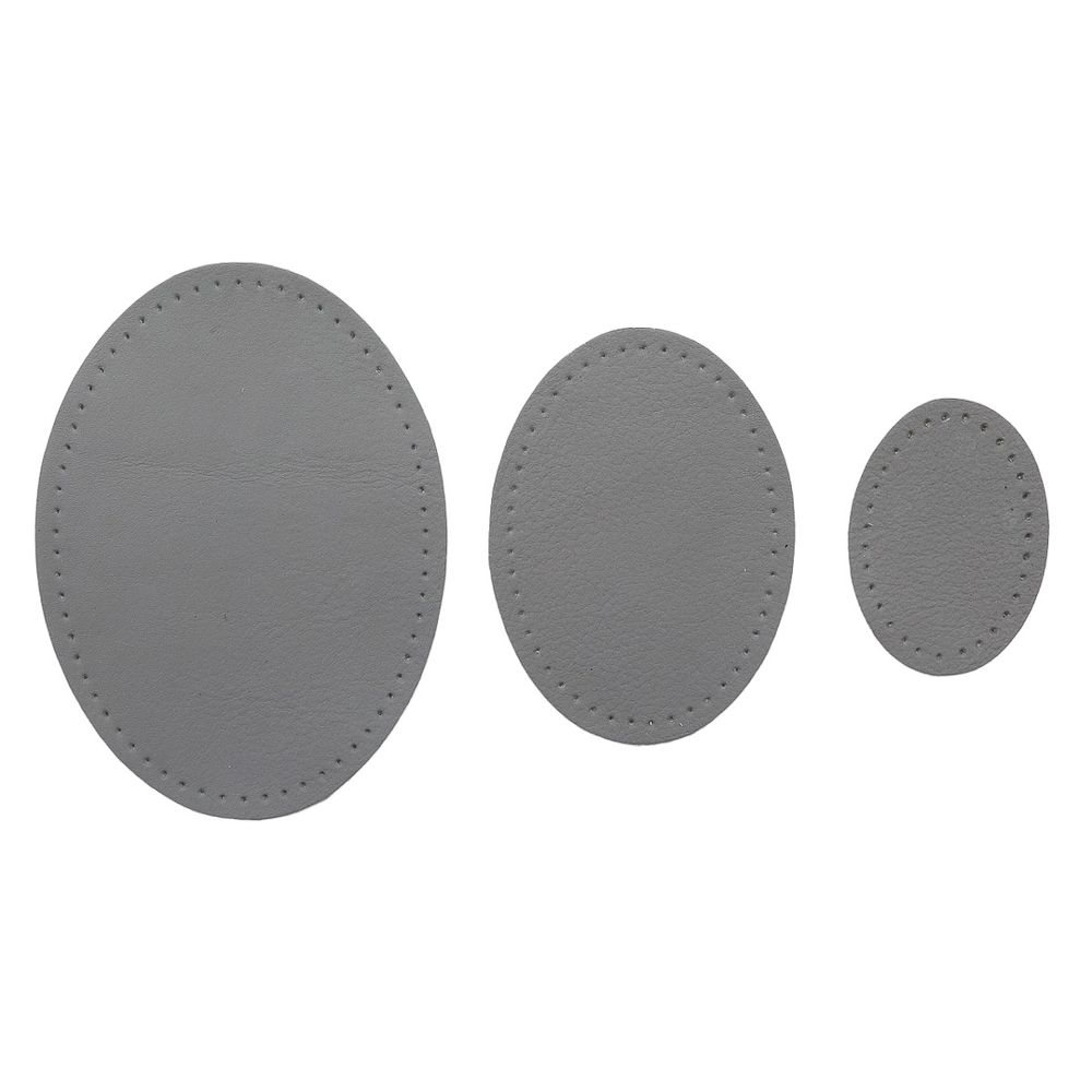 Набор заплаток пришивных из кожи, овал 4х5,5см, 6х8,2см, 8х10,9см, с перфорацией, 3 шт (07 серый), 9404